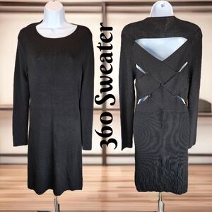 360 Sweater Womens Dress Sz L Black Knit Long Sleeves Criss Cross Cut Out*